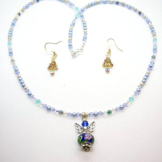 Hand-beaded Angel Necklace & Gold Micropave Christmas Tree Earrings Set