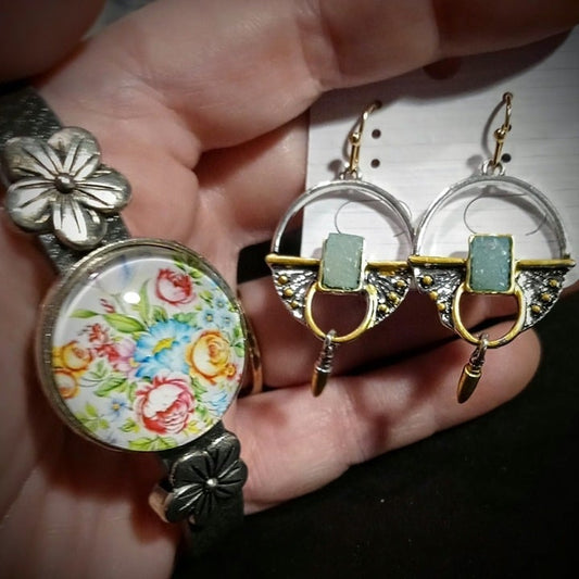 Vegan leather adjustable bracelet with southwest-inspired dangle earrings