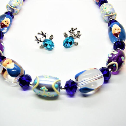 Gnomes purple and blue themed lampwork necklace, with deer stud earrings