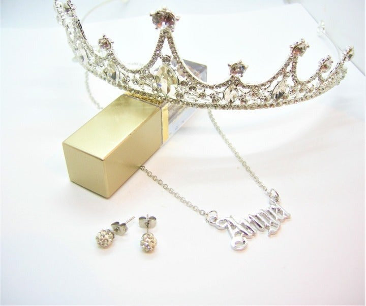 Bright chrome silver tiara with diamond-white cubic zirconia gems