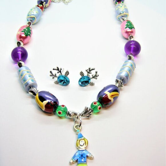 Adorable Elf Pendant Necklace & Crystal Deer Stud Earring Set, Made with Lampwor