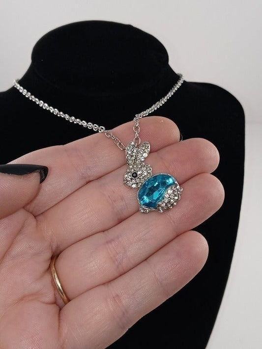 Storybook bunny pave necklace - cyan crystal sweater