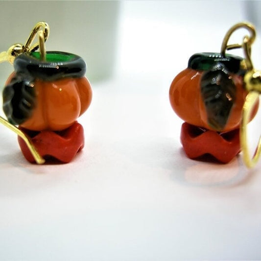 Tiny Lampwork Pumpkins on Gold Hooks