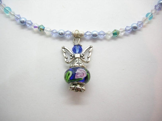 Blue angel necklace and Christmas tree earrings set