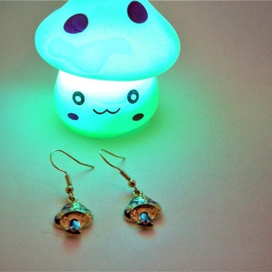 Purple and gold mushroom earrings with FREE light up mushroom toy