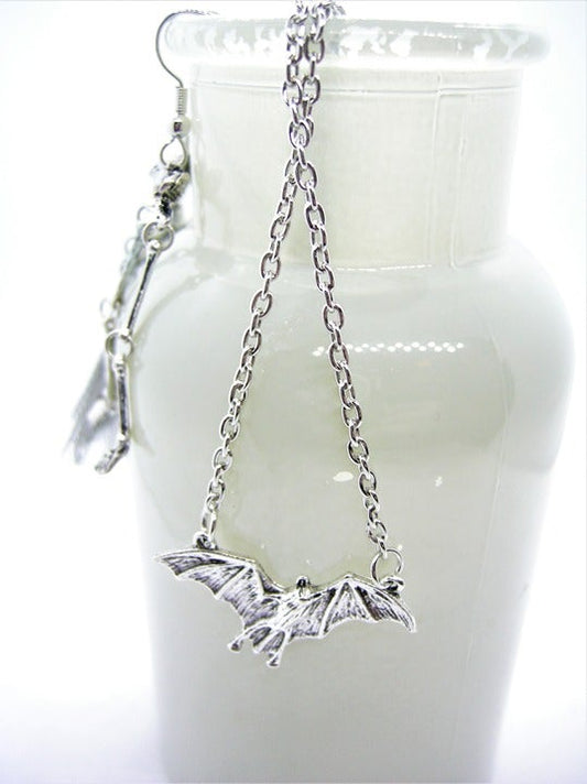 Simple silver alloy bat necklace and earrings set