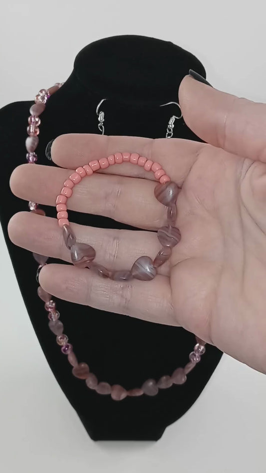 Amorette Pink Agate Heart Jewelry Set (necklace, Bracelet, Earrings)
